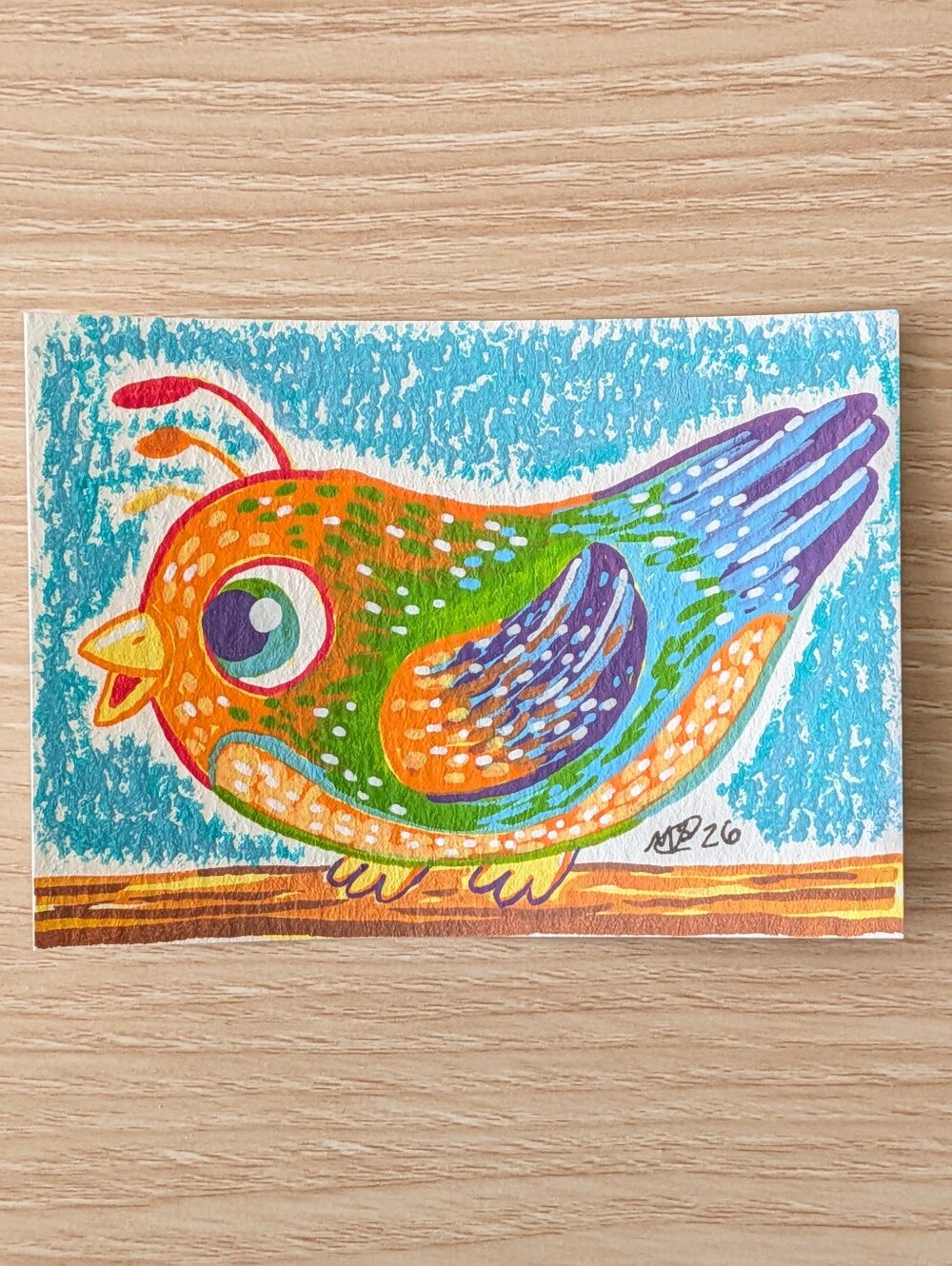 ACEO Original Cute Rainbow Bird Acrylic Marker/Crayon Art Card By Mattoodles